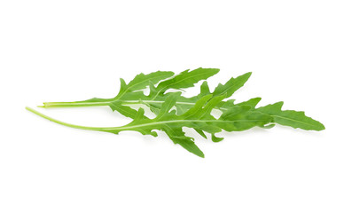 Sweet rucola salad or rocket lettuce leaves isolated on white background