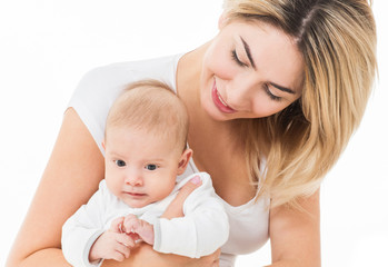 Mother and baby playing and smiling. Happy family. Isolated,