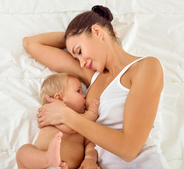 Obraz na płótnie Canvas Young mother breastfeeds her baby. Breast-feeding.