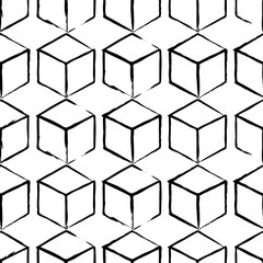 Completely seamless, abstract cube pattern. Black and white design, geometric 3d background. Drawing brush and chalk.