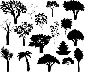 Set of different silhouettes of trees. Silhouettes of deciduous and coniferous trees