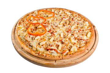 pizza with paprika of cheese on wooden board. for a directory or menu