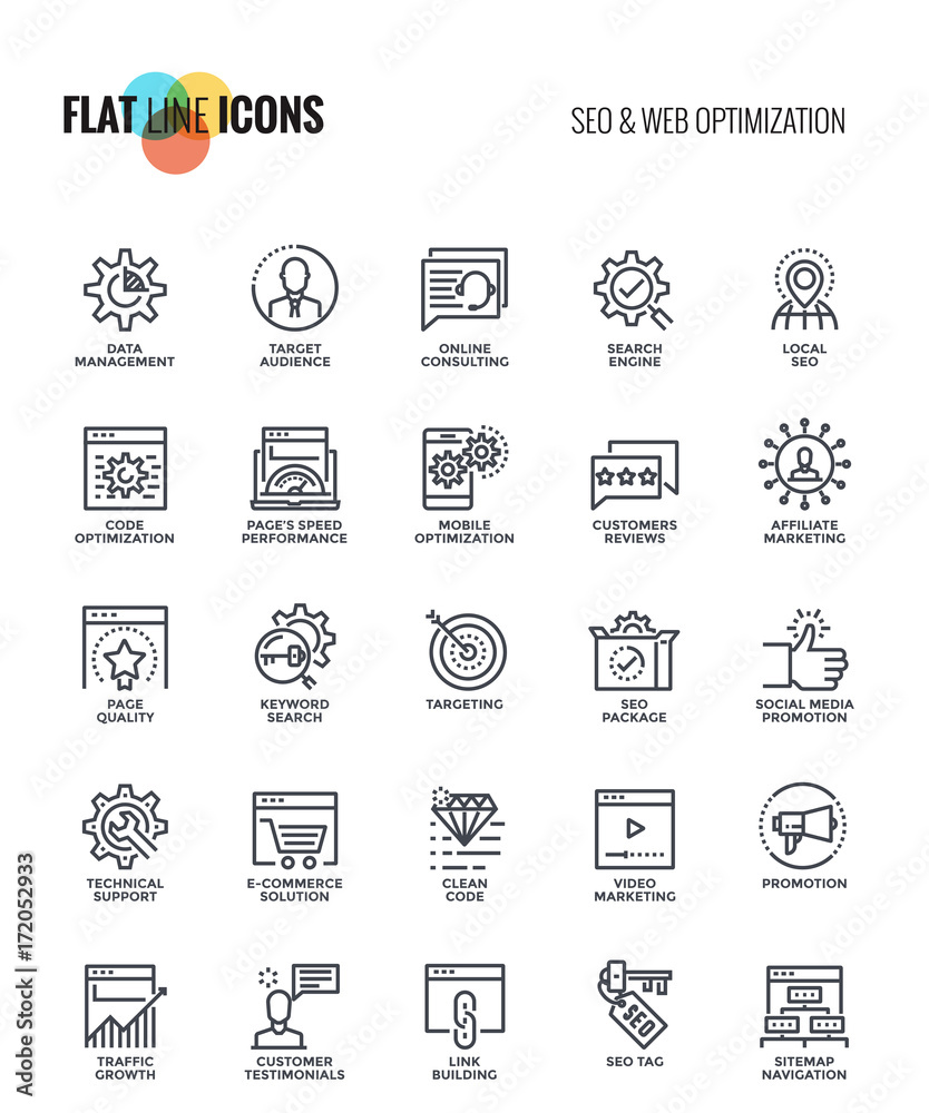 Sticker flat line icons design-seo and web optimization
