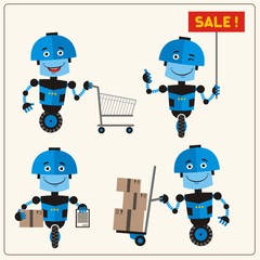 Collection icons with Blue Robot: shop cart, sale, delivery, warehouse. Set of isolated Blue Robot on wheel for design of Internet Shop and Trade.
