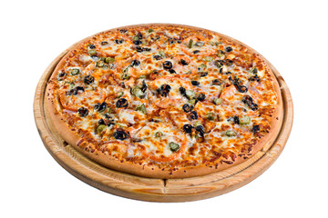 pizza with mushrooms on wooden board. for a directory or menu