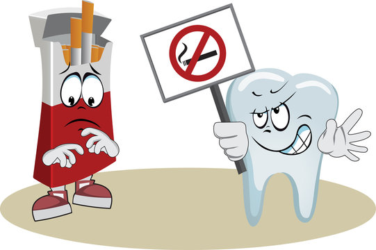Tooth protests against smoking with a poster