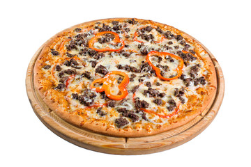 pizza with paprika of cheese on wooden board. for a directory or menu