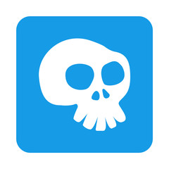 Icono plano caricatura de craneo lateral en cuadrado azul