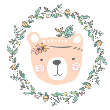 stylized colored hand drawn Illustration of cute bear head with flowers and leaves. design for kids print clothing textile cards and other