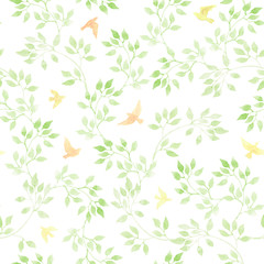 Vintage cute birds, green leaves. Ditsy retro seamless pattern. Watercolor