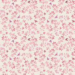 Seamless background with hand painted pink leaves and retro birds. Watercolour drawing