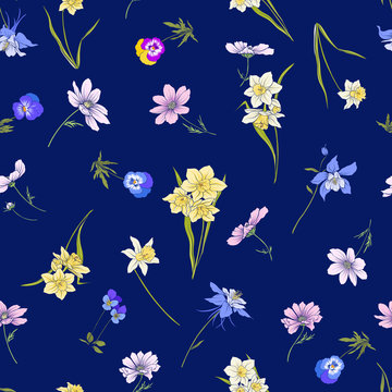 Outline floral seamless pattern with flowers in vintage style. S © Elen Lane