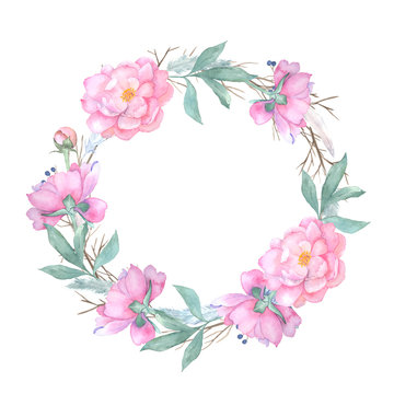 Watercolor floral wreath isolated on white background. Vintage style round frame with wood branches, rose,  blue berries, feathers.