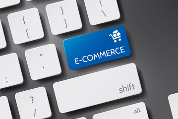 Keyboard with E-Commerce Button. E-Commerce on Red Keyboard Button. E-Commerce on Blue Keyboard Button. E-Commerce key.