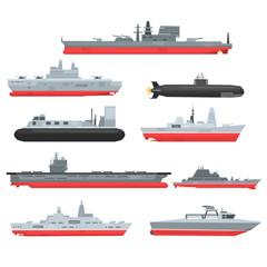 Different types of naval combat ships set, military boats, ships, frigates, submarine vector Illustrations © topvectors