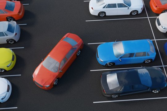 Car is parking in parking lot. 3D rendered illustration. View from top.