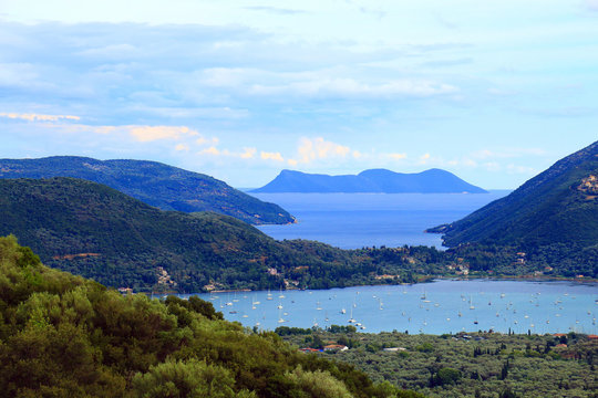 Amazing view from the top of a mountain down to the sea, close to Itea, Greece