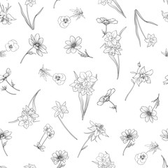 Fototapeta premium Outline floral seamless pattern with flowers in vintage style. S