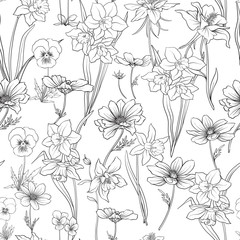 Fototapeta premium Outline floral seamless pattern with flowers in vintage style. S