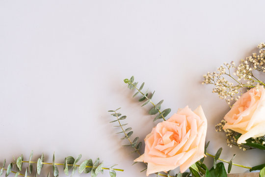 Fototapeta Rose flowers with green leaves on blue table from above with copy space
