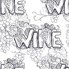 Ink hand drawn wine lettering seamless pattern with grape brunches