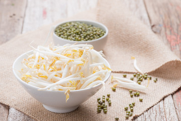 Bean sprouts on wood background