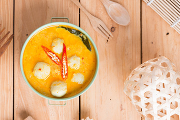 Coconut milk Curry fish and fish ball with thai rice noodle
