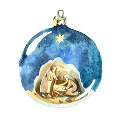 Watercolor Christmas ball. Holy family drawing in kids stile. Christmas decorations.