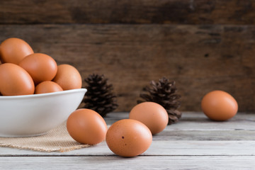 Organic eggs on wood. Fresh eggs.