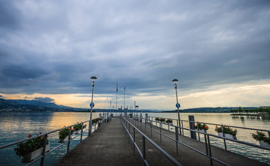 Twilight Sunset view on the Lake Zurich, Rapperswil, Switzerland, Europe.