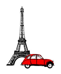 Eiffelturm mit rotem Auto