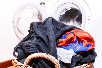 Dirty cloth in basket with washing machine