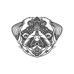 Black and wite pug with ethnic floral ornaments for adult coloring book. Zentagle pattern. doodle illustration. Portrait of a cute pet.