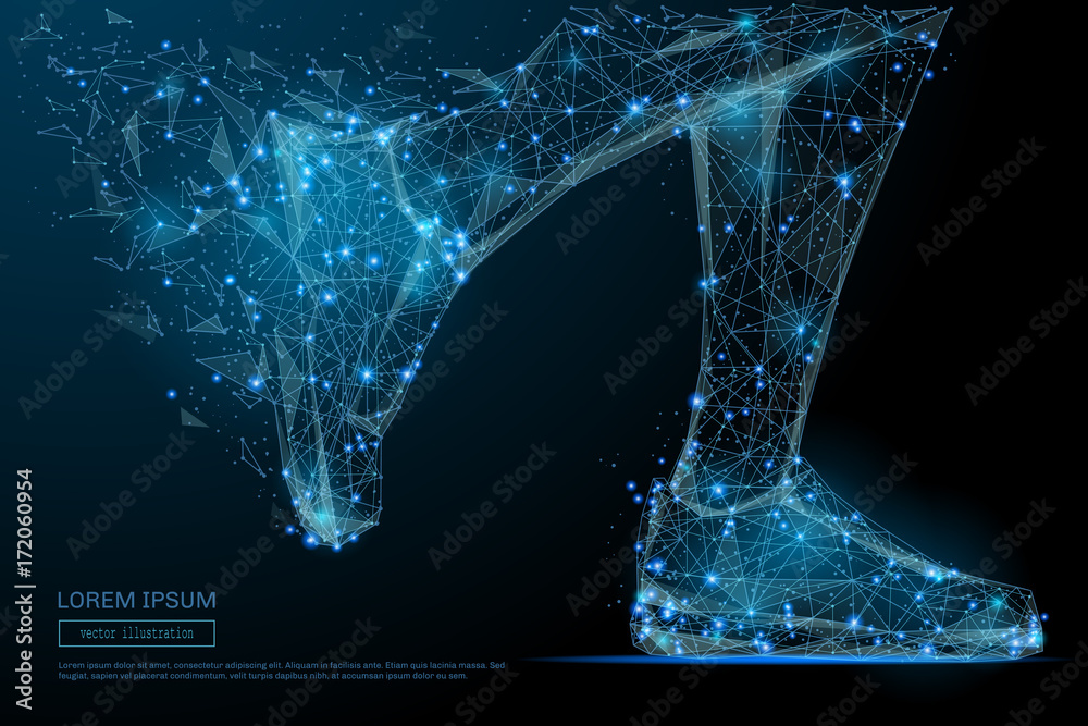 Leinwandbilder Abstract image of feet in sneakers running low poly in the form of a starry sky or space, consisting of points, lines, and shapes in the form of planets, stars and the universe. Vector sport concept.