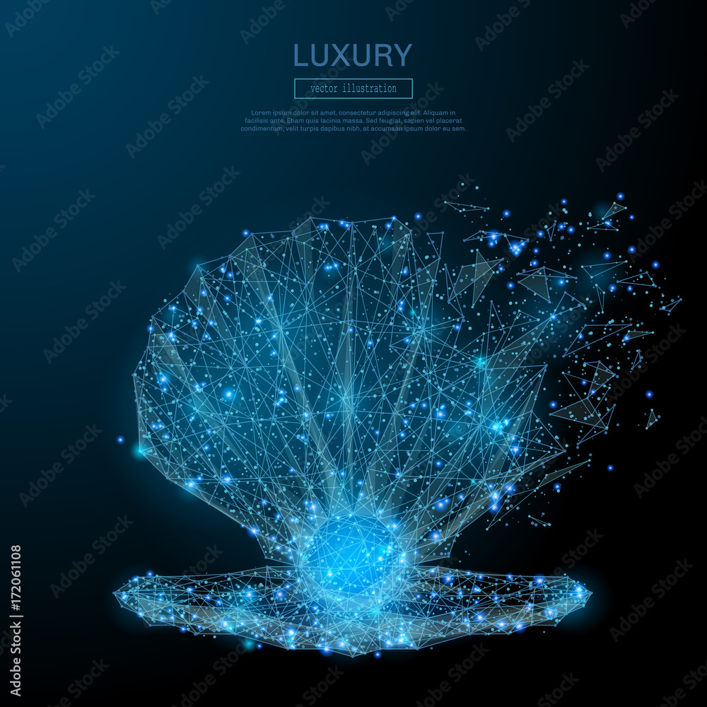 Poster Pearl in shell isolated from low poly wire frame on dark background. Jewelery vector polygonal image in the form of a starry sky or space, consisting of points, lines, and shapes.