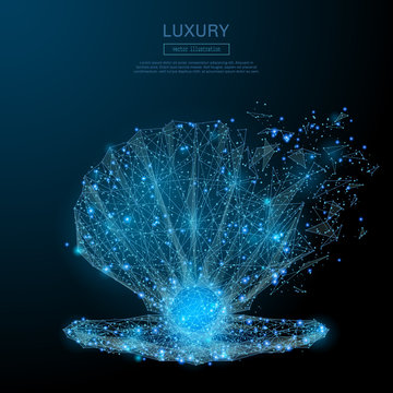 Pearl in shell isolated from low poly wire frame on dark background. Jewelery vector polygonal image in the form of a starry sky or space, consisting of points, lines, and shapes.