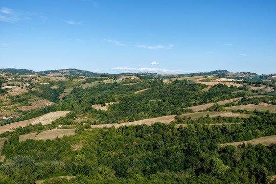 View of Langhe hills from the top of the medieval tower of Murazzano, Piedmont, Italy.Piedmont, Italy.