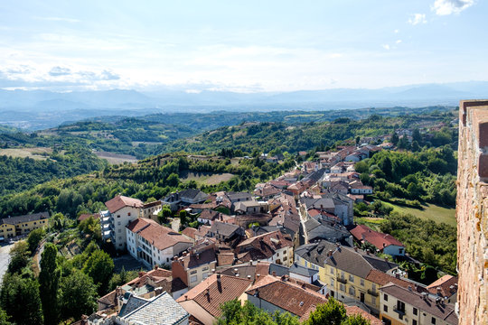 View of the town of Murazzano and of the Langhe hills and italian Alps surrounding it, from the top of the medieval tower.