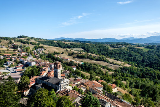 View of the town of Murazzano and of the Langhe hills and italian Alps surrounding it, from the top of the medieval tower.
