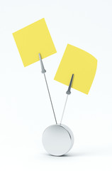 Two yellow sticky note reminders with round holder, 3D render