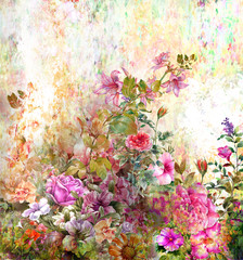 Fototapeta na wymiar Abstract colorful flowers watercolor painting. Spring multicolored in .nature