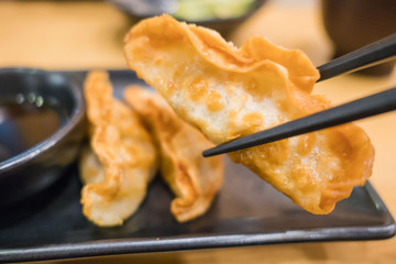 Fresh Gyoza with chopsticks . Homemade Asian with sauce .