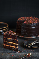 Piece of homemade chocolate cake with caramel cream