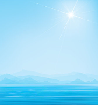 Vector blue  sun shine sea scene, mountains  background.