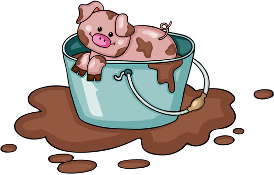 Little pig in bucket full of mud