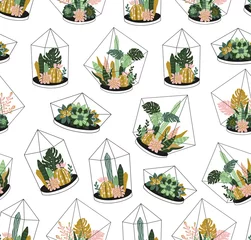 Wall murals Terrarium plants Hand drawn contained tropical house plants. Scandinavian style seamless pattern. Vector print design - terrariums with exotic plants.