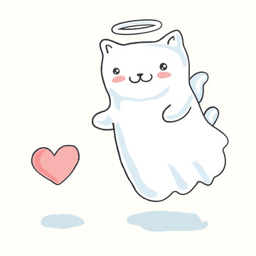 Cartoon Cat pictured as a little Angel with wings, halo and heart in japanese kawaii style
