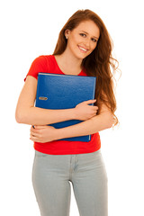 attractive student holding folders isolated over white background