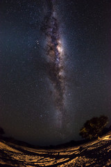 Starry sky and Milky Way arc, with details of its colorful core, outstandingly bright, captured...