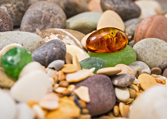 Fototapeta na wymiar Amber stone. Mineral amber. Rosin yellow amber. Sunstone on a beach of pebbles.